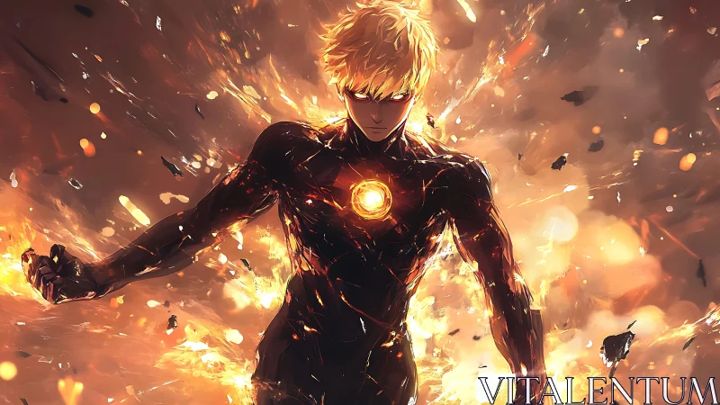 Humanoid figure in dark suit amid orange energy burst.