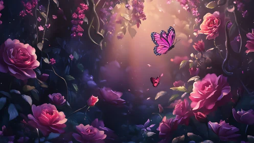 Digital fantasy garden with volumetric light effects and butterfly specimens
