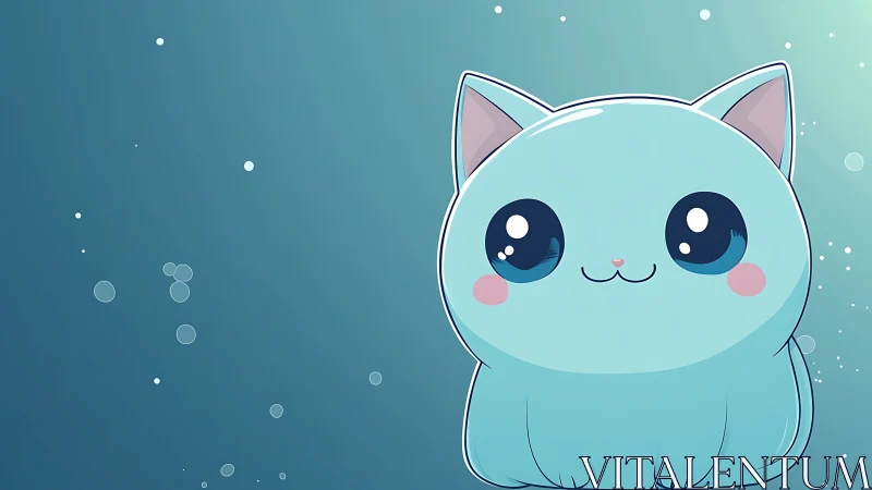 Blue cartoon cat character on turquoise gradient field.