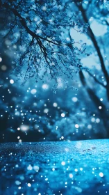 Moonlit blue branches shimmer above glowing frostscape.