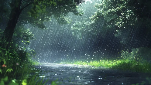 Forest path shows heavy rainfall illuminated by soft daylight