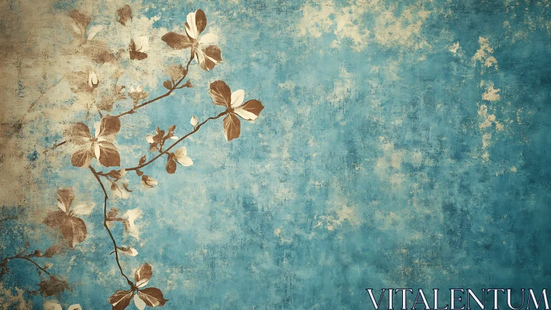 Vintage floral branch on distressed blue textured wall.