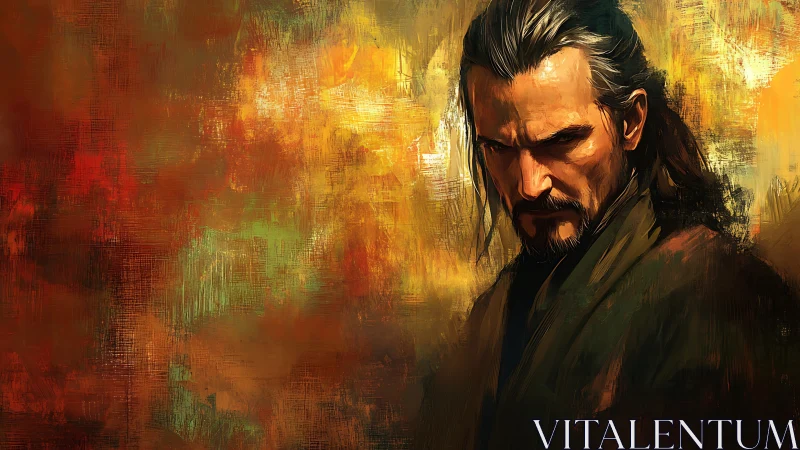 Stoic long-haired man on textured warm abstract background.