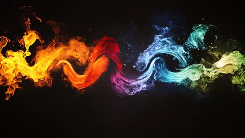 Vibrant multicolor fire and smoke waves on black background.