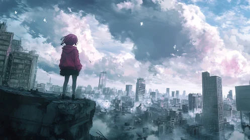 Young dreamer in a red hoodie gazes over a misty cityscape