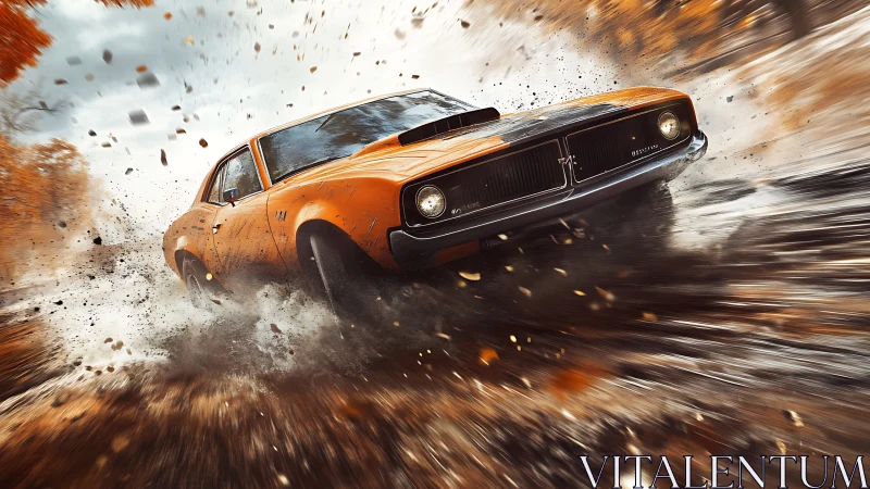 Muscle car executes high-speed dirt drift with dynamic motion blur
