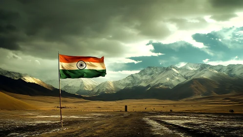 Indian flag waves boldly before stormy Himalayan peaks