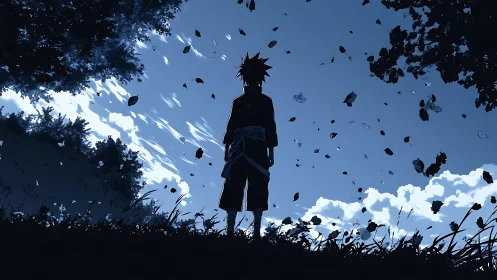 Silhouetted figure in blue landscape with scattered leaves.