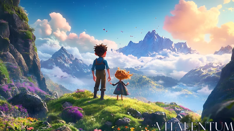 Cinematic alpine vista with two stylized child explorers.