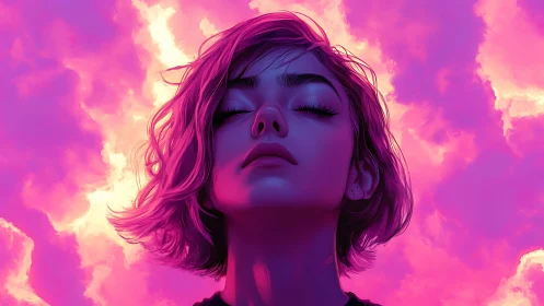 Digital portrait depicts closed‑eye figure against neon sky