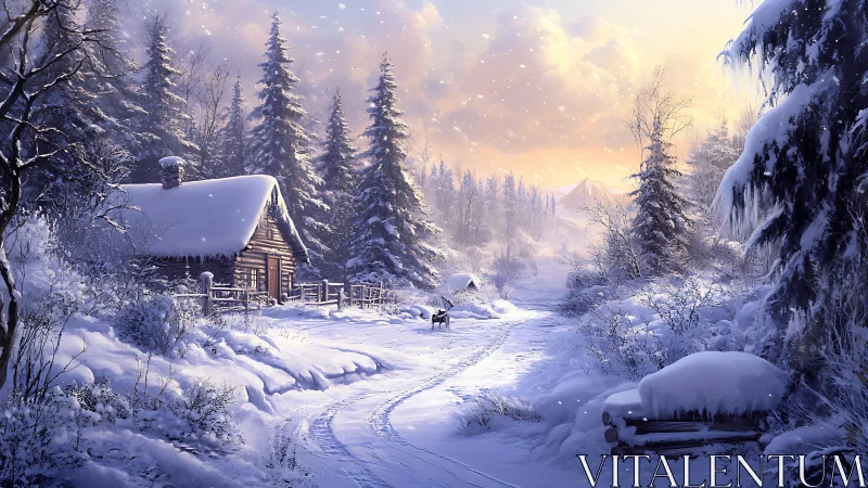 Cozy winter cabin glows softly in a peaceful snowy forest.