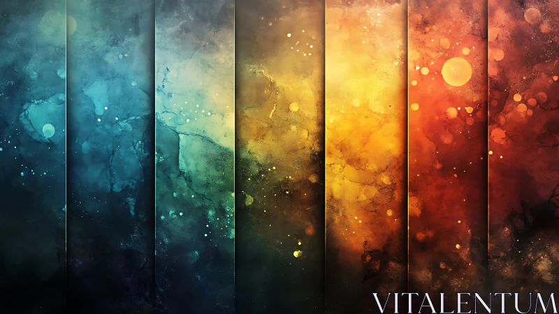 Gradient cosmic panels blend teal, gold, and ember light.