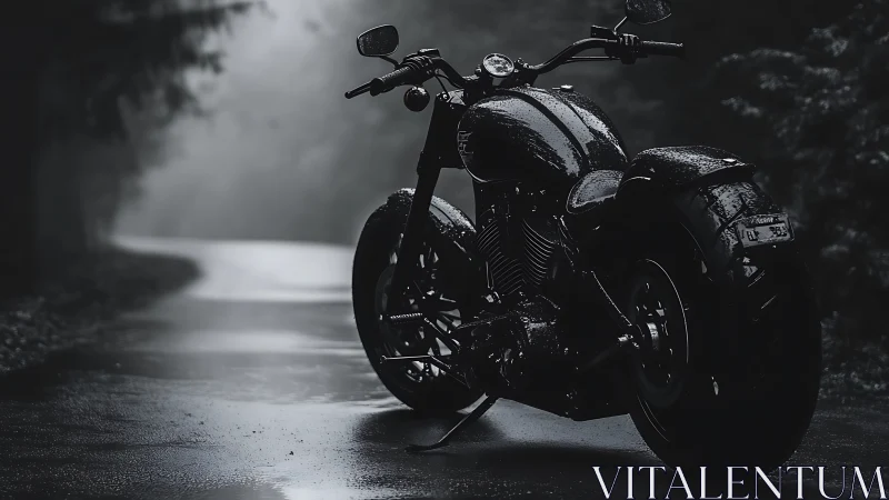 Midnight cruiser motorcycle on misty rain-soaked road.