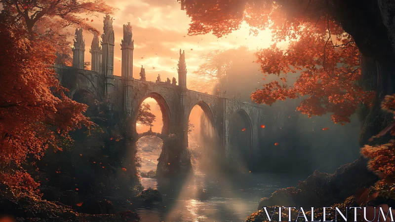 Sunlit ruin bridge cradles autumn mist in quiet reverie