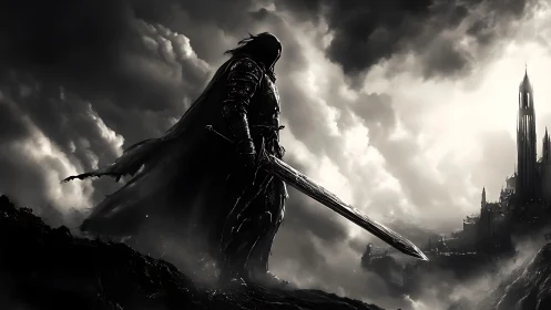 Armored warrior stands on cliff facing distant gothic city