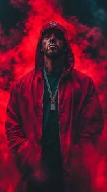 Chromatic hooded portrait in high-contrast red vapor field.