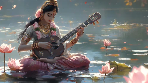 Goddess musician plays sitar amid glowing lotus pond.