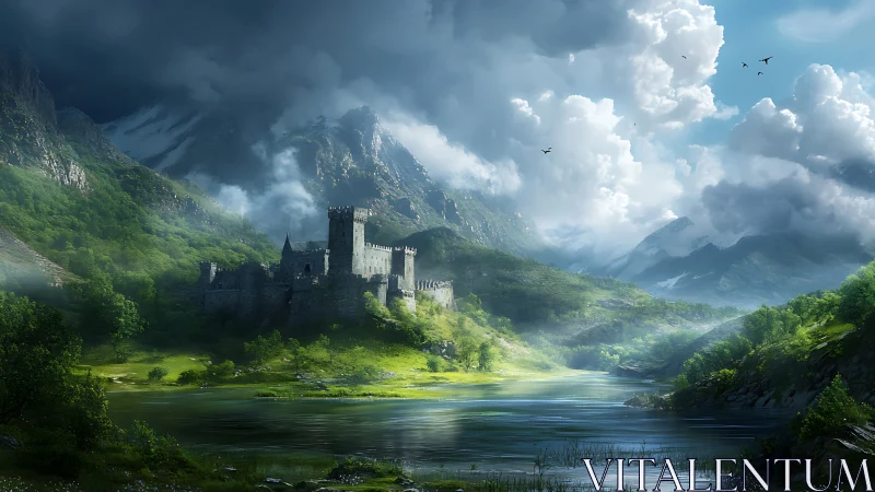 Stormlit mountain fortress above emerald river valley.