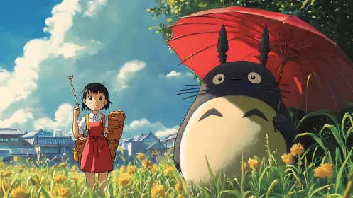 Girl and large creature under umbrella in summer field.