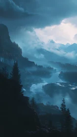 Mountain valley river extends under layered mist and clouds