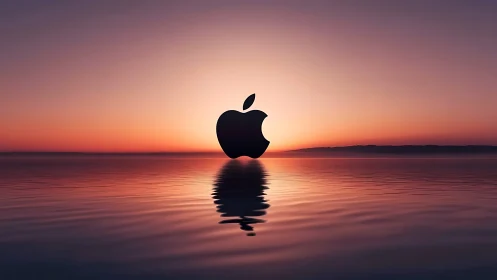 Apple logo silhouette centered over calm sunset water.