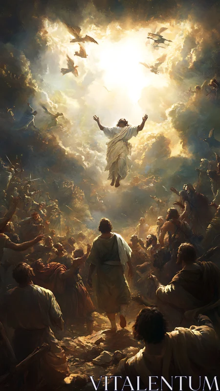 Heavenly light and uplifted crowd in a radiant ascension scene.