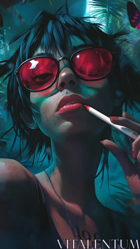 Chromatic portrait of neon-lit smoker with reflective lenses.