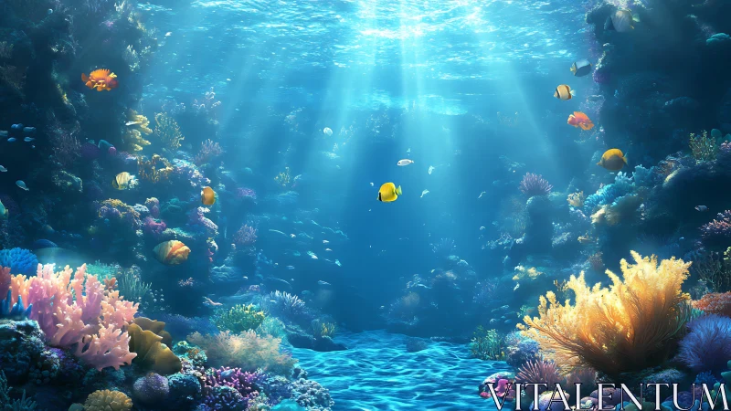 Sunlit coral kingdom shimmers while curious reef fish wander