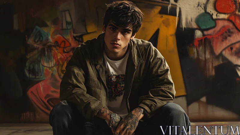 Young man in streetwear crouching before urban graffiti wall.