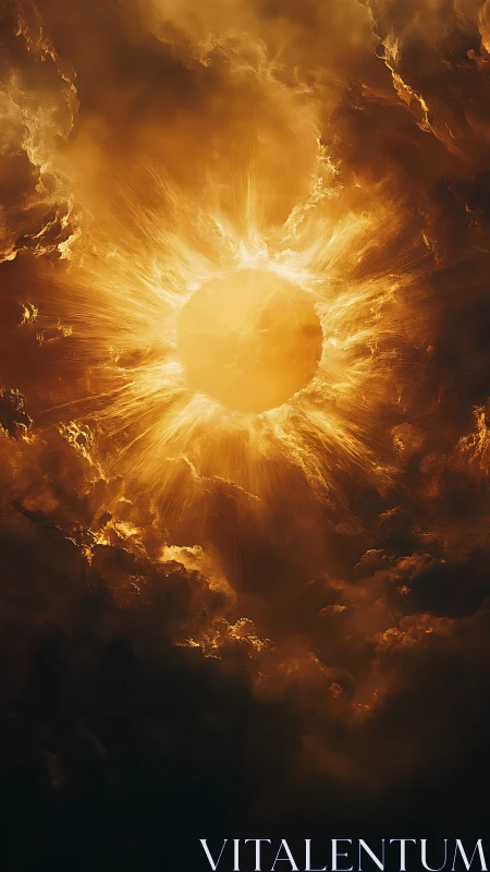 Solar heart erupts through storm-wrapped celestial clouds