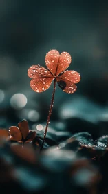 Copper clover listens to raindrop secrets in dusk bokeh glow