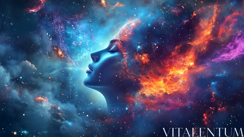 Human profile integrated with nebula and star field composition.