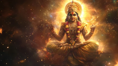 Radiant cosmic deity seated in golden meditative calm.