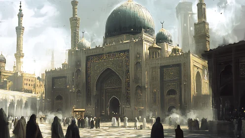 Sunlit domes and drifting crowds at a misty grand mosque.
