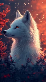 White fox profile in red foliage under glowing sky.