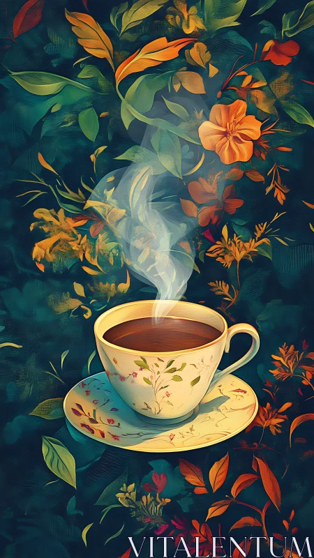 Floral teacup with rising steam in lush painted garden.