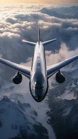 Silver jet gliding above dreamy sunrise mountain clouds.