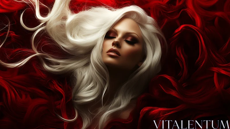 Silver haired woman in crimson silk waves, eyes closed.
