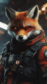 Anthropomorphic fox in tactical armor with gear details.