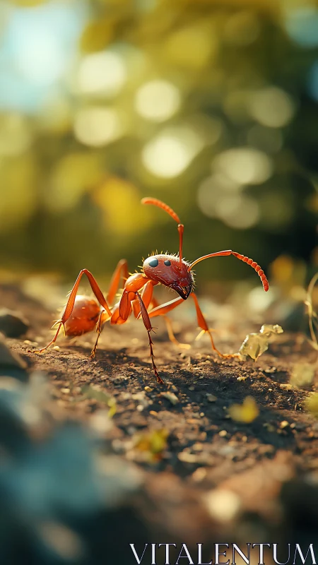 Curious red ant explores sunlit forest floor in detail.