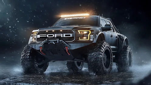 Storm-born off-road titan roars through neon night rainstorm.