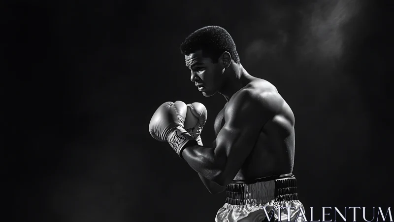 Muscular Boxer in Fighting Stance with White Gloves.