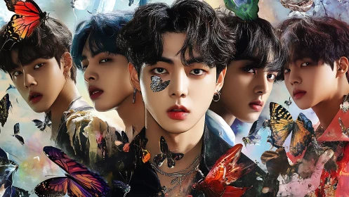 K-pop style boy band portrait with vivid butterflies.
