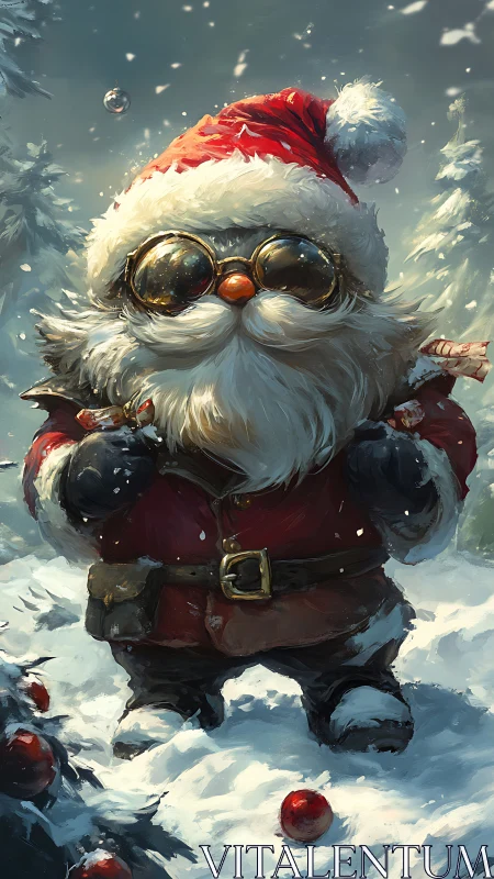 Small bearded figure in Santa attire stands in snowy clearing