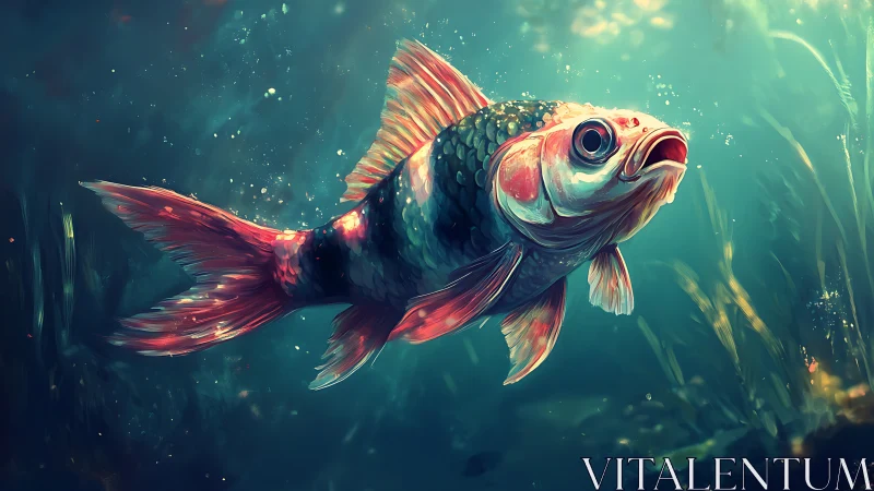 Vibrant koi fish glides through dreamy teal underwater light