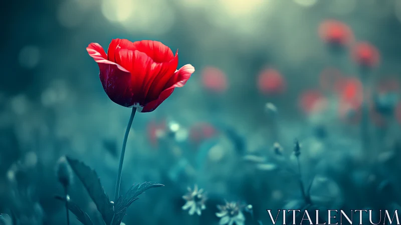 Macro floral study shows vibrant red tulip with selective focus depth of field