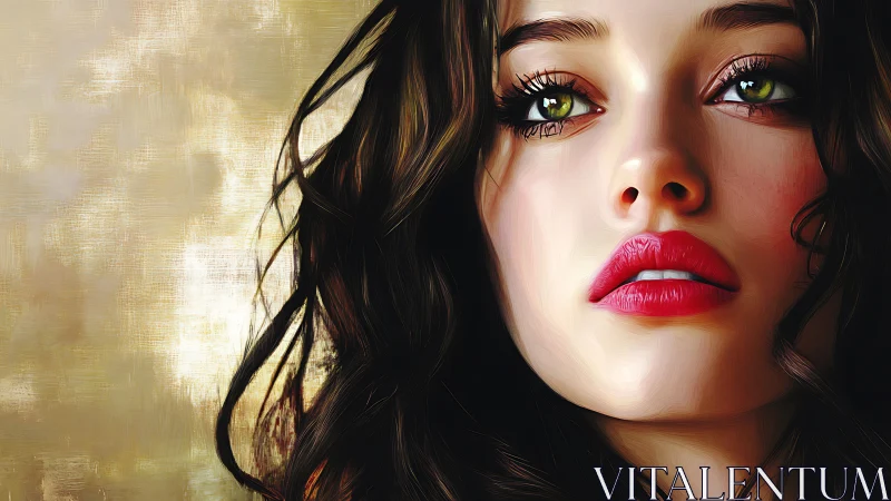 Soft light embraces a thoughtful woman with vivid green eyes