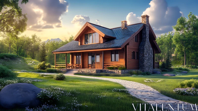 Sunny log cabin in green forest meadow at golden hour.