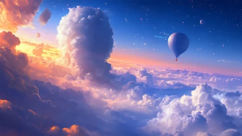 Hot air balloon over clouds in surreal twilight sky.