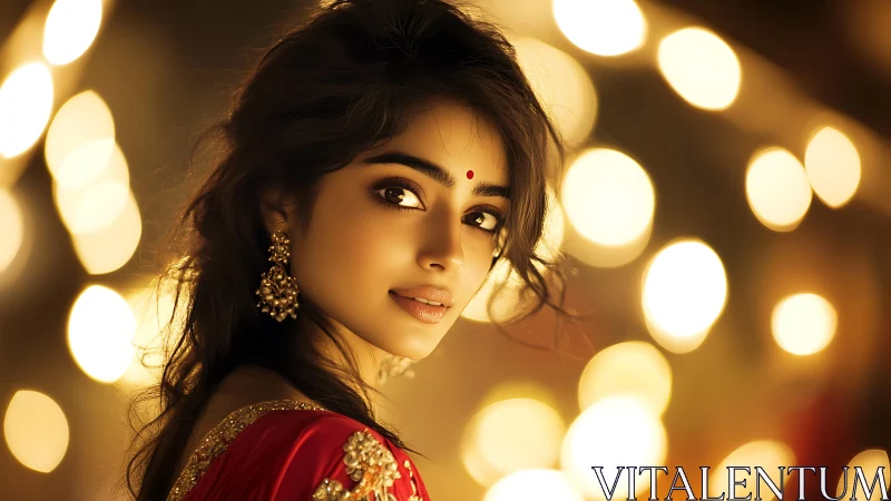 Portrait of Indian woman in warm festive bokeh lighting.